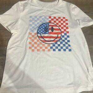 SHEIN White Tee with Red and Blue Smiley Design